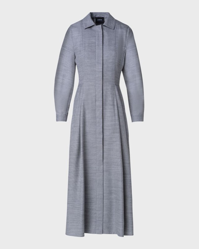 Long-Sleeve Pleated Wool-Silk Midi Shirtdress