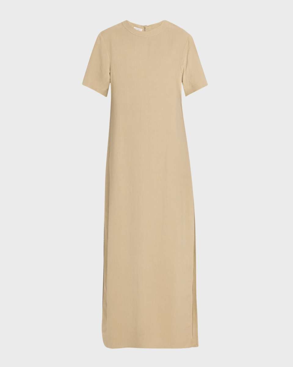 Fluid Linen Twill T-Shirt Dress with Slits and Monili Detai