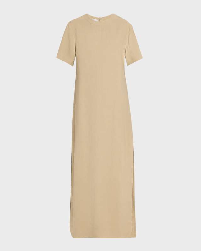 Fluid Linen Twill T-Shirt Dress with Slits and Monili Detai