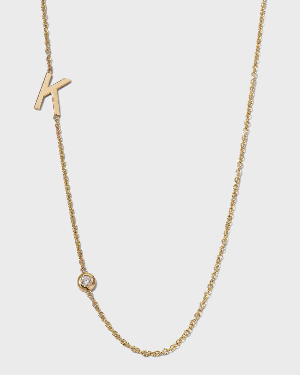 14K Gold Asymmetrical Initial and Bezel Diamond Necklace, 16-18"L