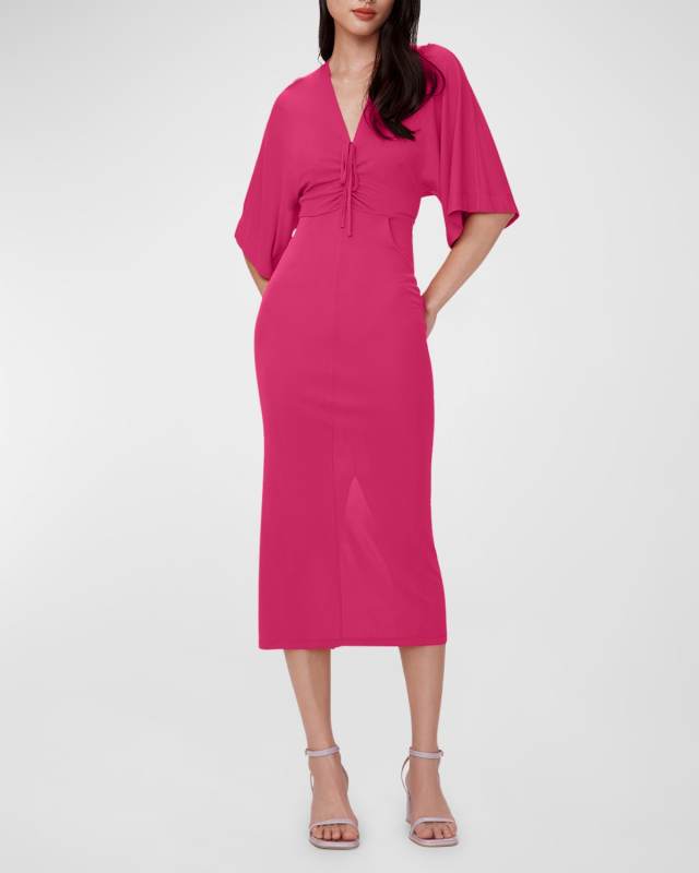 Valerie Ruched Elbow-Sleeve Bodycon Midi Dress