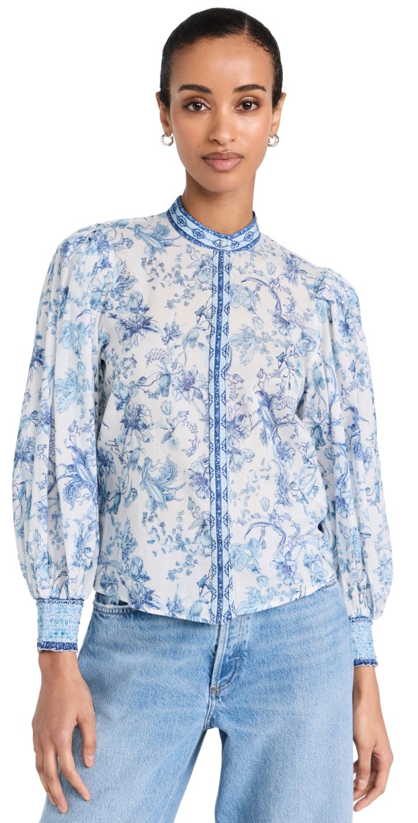 alice + olivia April Pleated Sleeve Crop Top Je L'adore Spring Sky