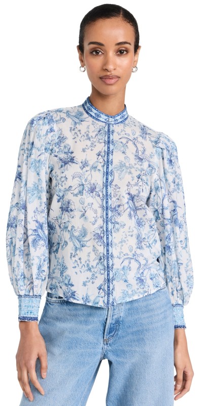 alice + olivia April Pleated Sleeve Crop Top Je L'adore Spring Sky