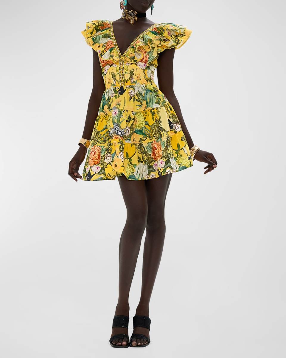 Tiered Neck Frill Floral Cotton Mini Dress
