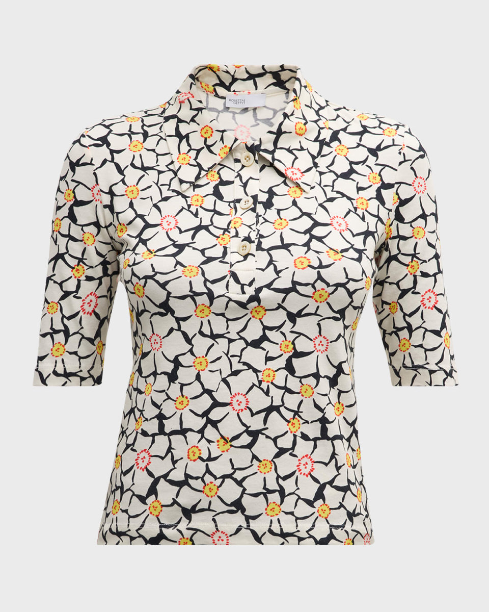Geometric Floral Jersey Polo T-Shirt