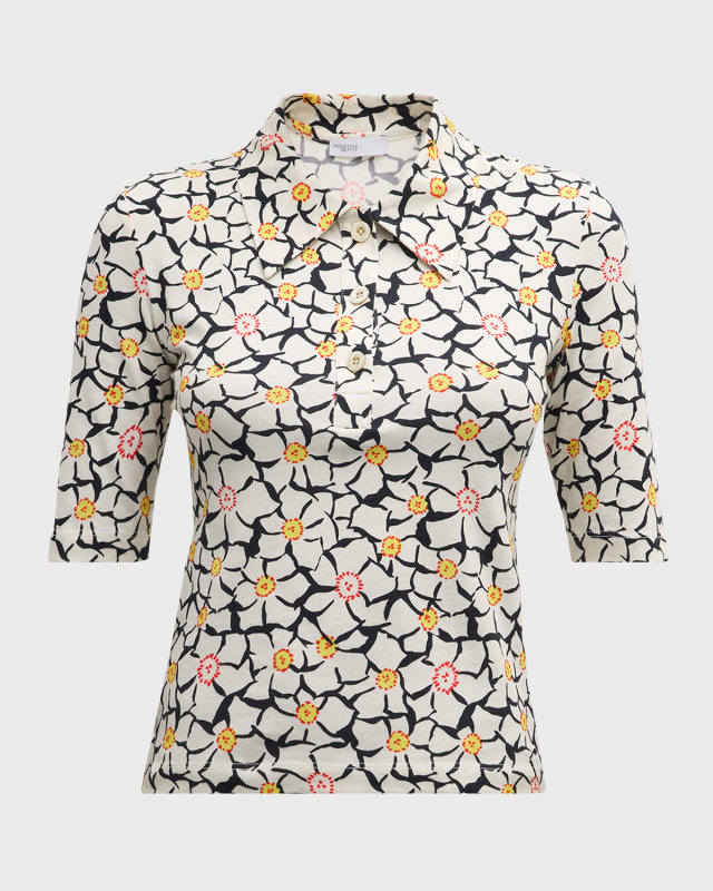 Geometric Floral Jersey Polo T-Shirt