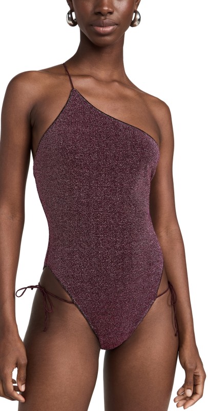 Oseree Lumire One Shoulder Lac Maillot Aubergine