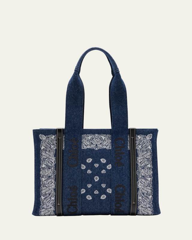 x High Summer Woody Medium Tote Bag in Bandana Embroidered Denim