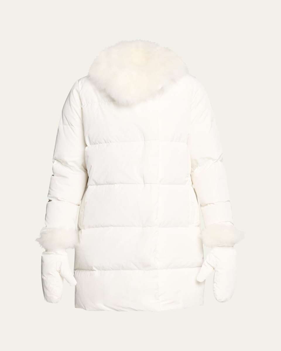 Long Down Jacket with Removable Fur Collar and Mittens