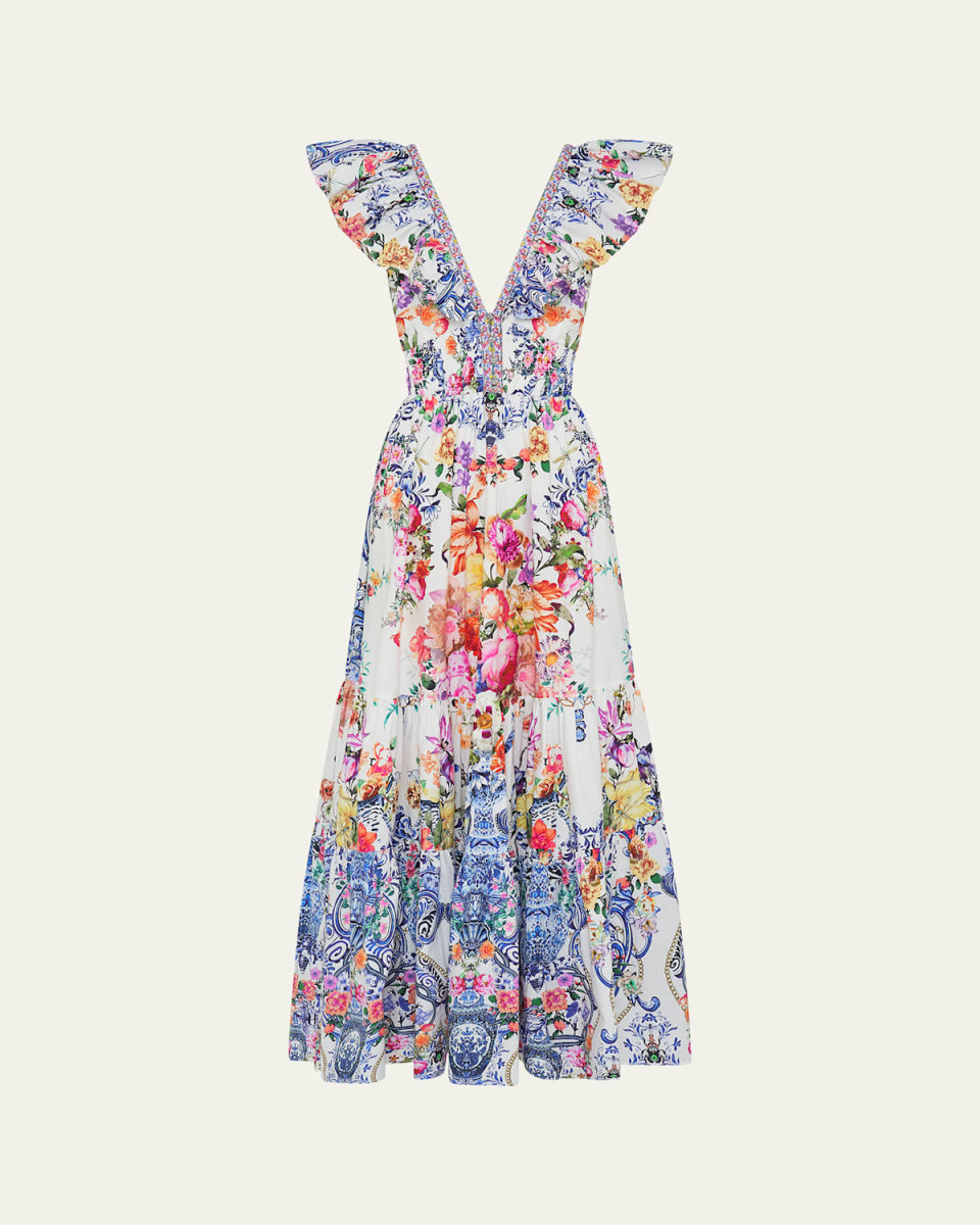 Neck Frill Tiered Floral Poplin Maxi Dress