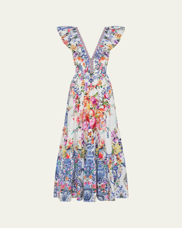 Neck Frill Tiered Floral Poplin Maxi Dress