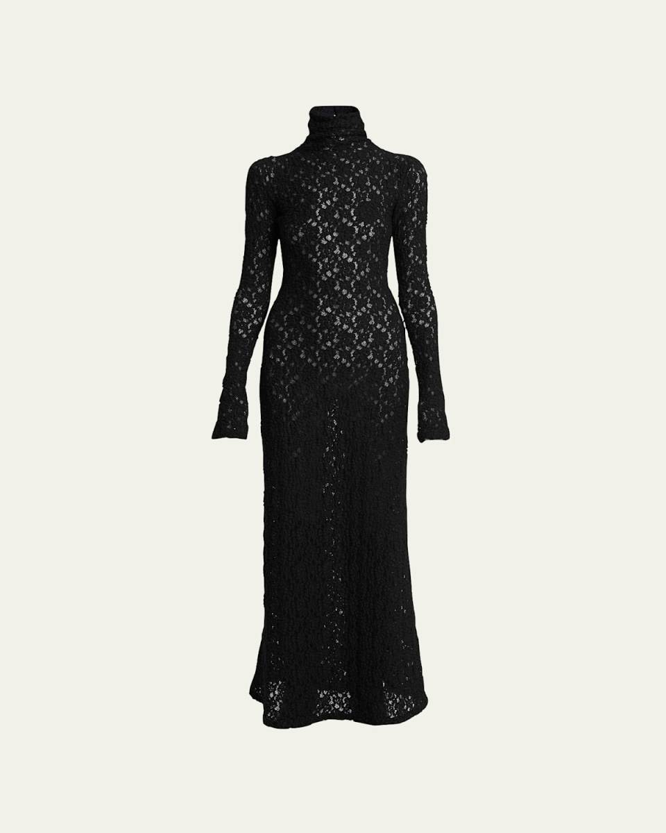 Turtleneck Long-Sleeve Smocked Lace Gown