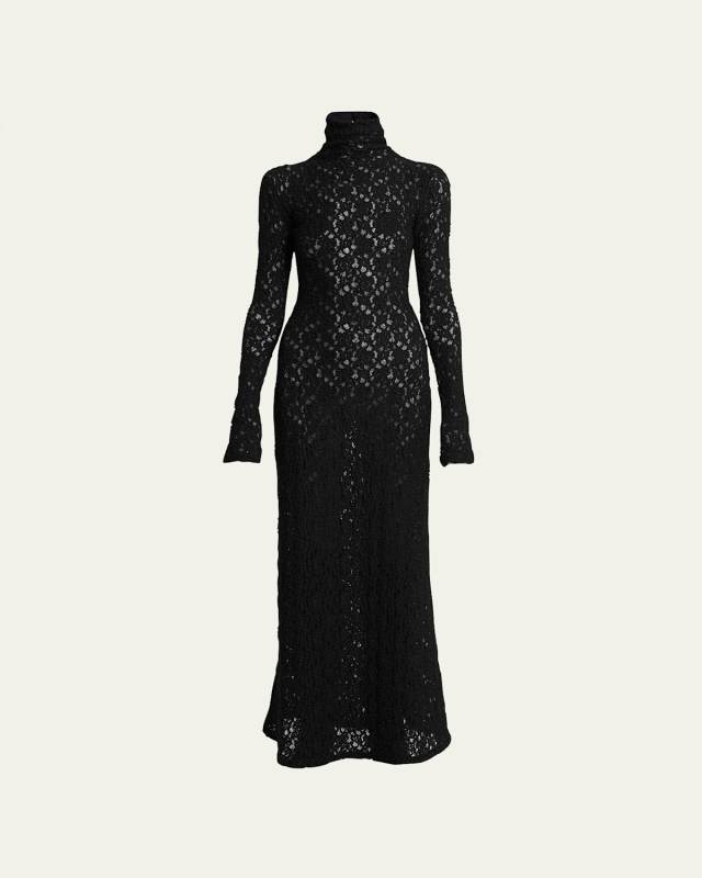 Turtleneck Long-Sleeve Smocked Lace Gown