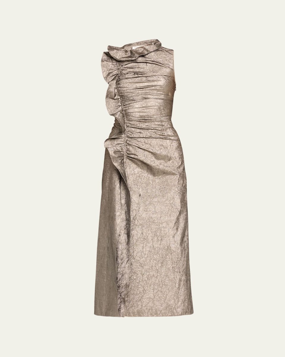 Demetra Metallic Ruffle Sleeveless Midi Dress