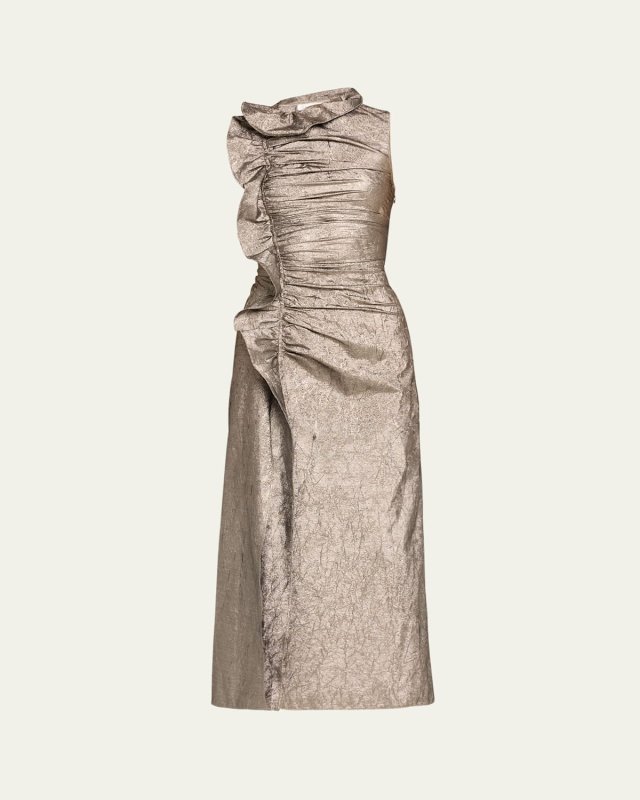 Demetra Metallic Ruffle Sleeveless Midi Dress