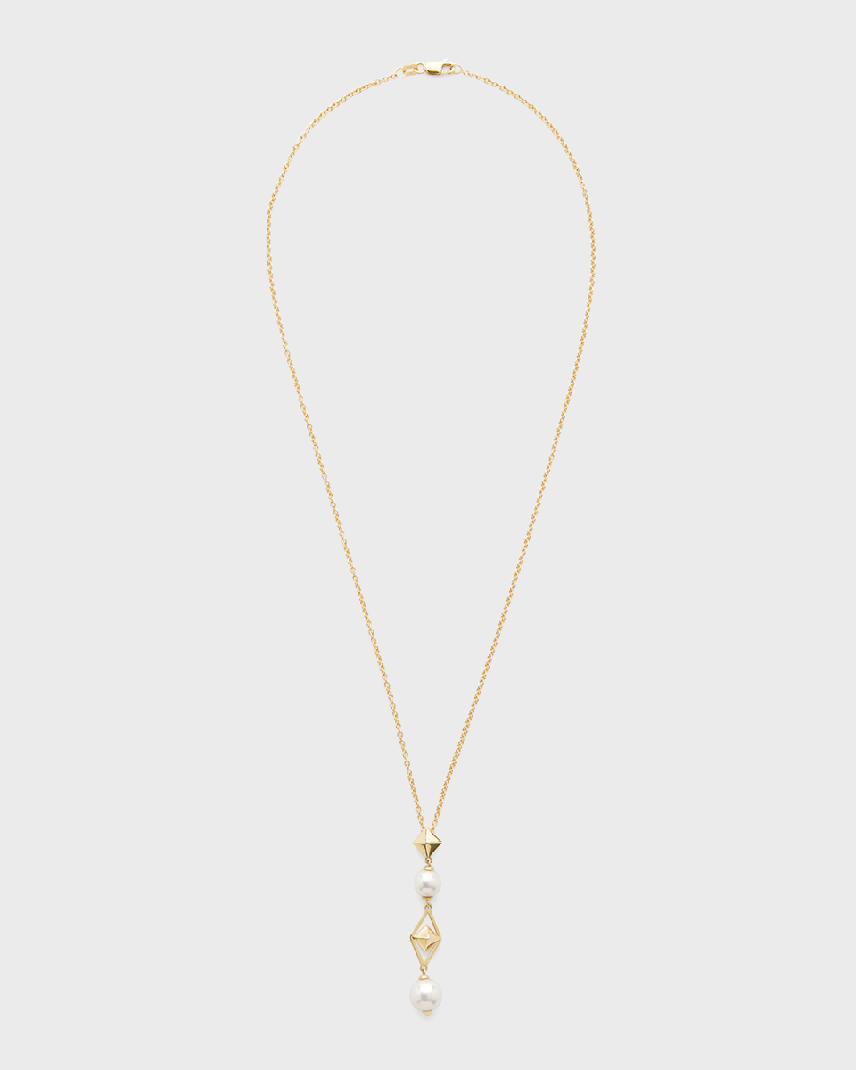 18K Yellow Gold 7-8mm Akoya Pearl and Cube Necklace, 18"L