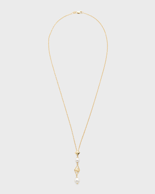 18K Yellow Gold 7-8mm Akoya Pearl and Cube Necklace, 18"L