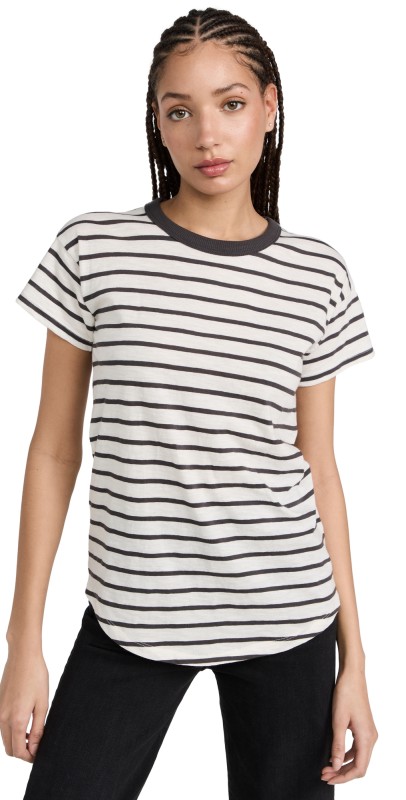 Madewell Whisper Cotton Rib-Crewneck Tee Coal Lobster Stripe