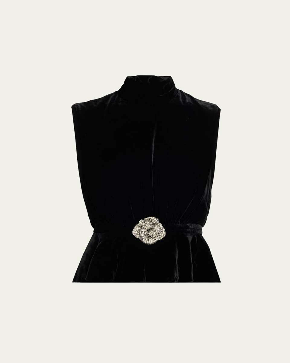 Fleur Belted High-Neck Velvet Top