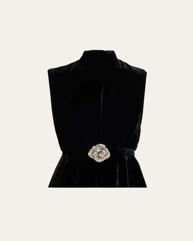 Fleur Belted High-Neck Velvet Top