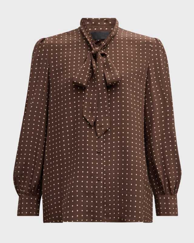 Carina Polka-Dot Silk Top with Tie Neck