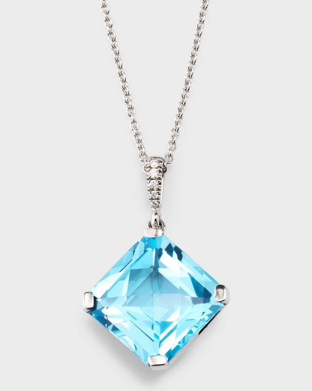 Rocks 18K White Gold Square Blue Topaz Pendant Necklace with Diamonds, 18"L