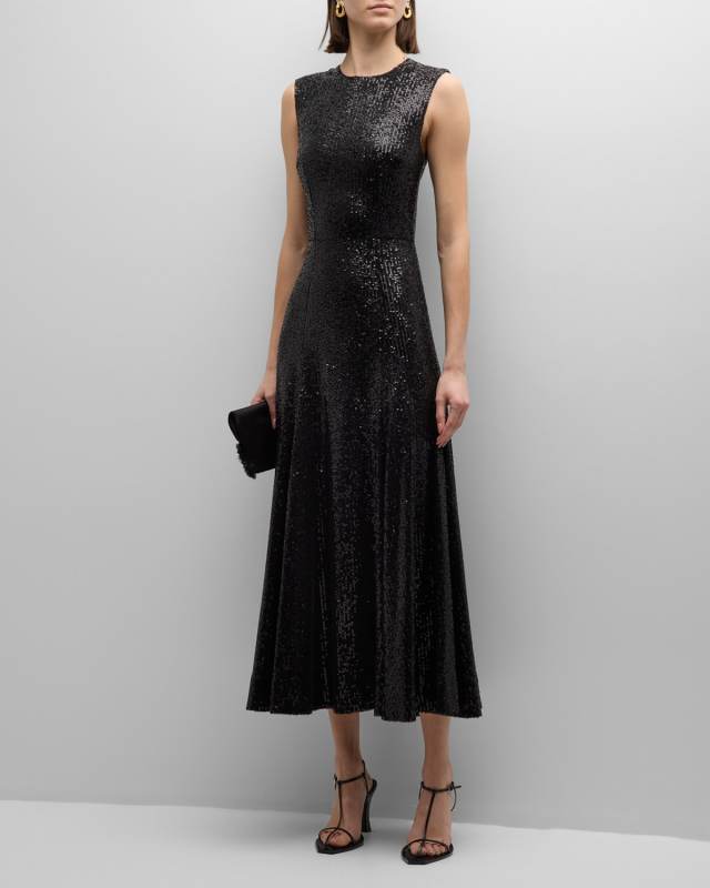Olive Sleeveless Sequin A-Line Midi Dress