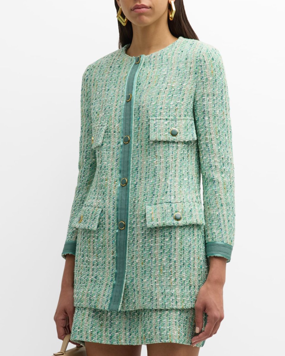 Grosgrain-Trim Metallic Slub And Tape Tweed Jacket