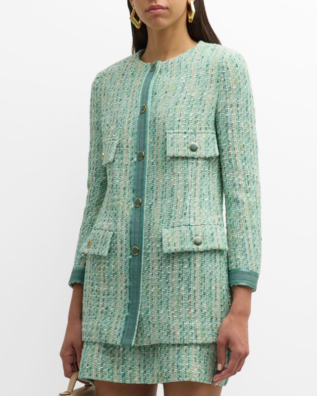 Grosgrain-Trim Metallic Slub And Tape Tweed Jacket