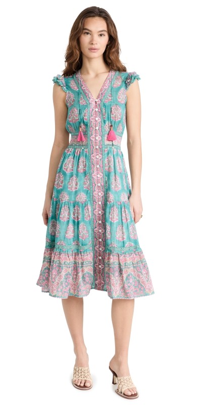 Bell Blake Midi Dress Teal and Pink Print