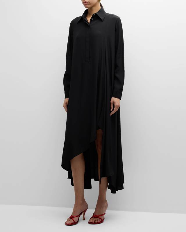 Long-Sleeve High-Low Silk Caftan Shirtdress