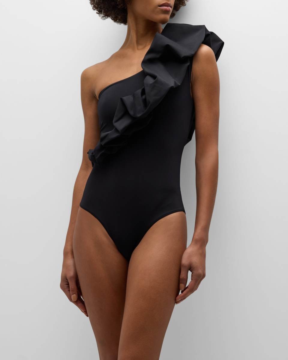 Elena Puffy-Trim One-Piece Swimsuit
