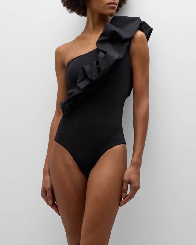 Elena Puffy-Trim One-Piece Swimsuit
