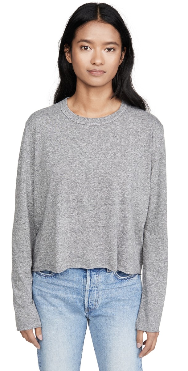 THE GREAT. The Long Sleeve Crop Tee Heather Grey