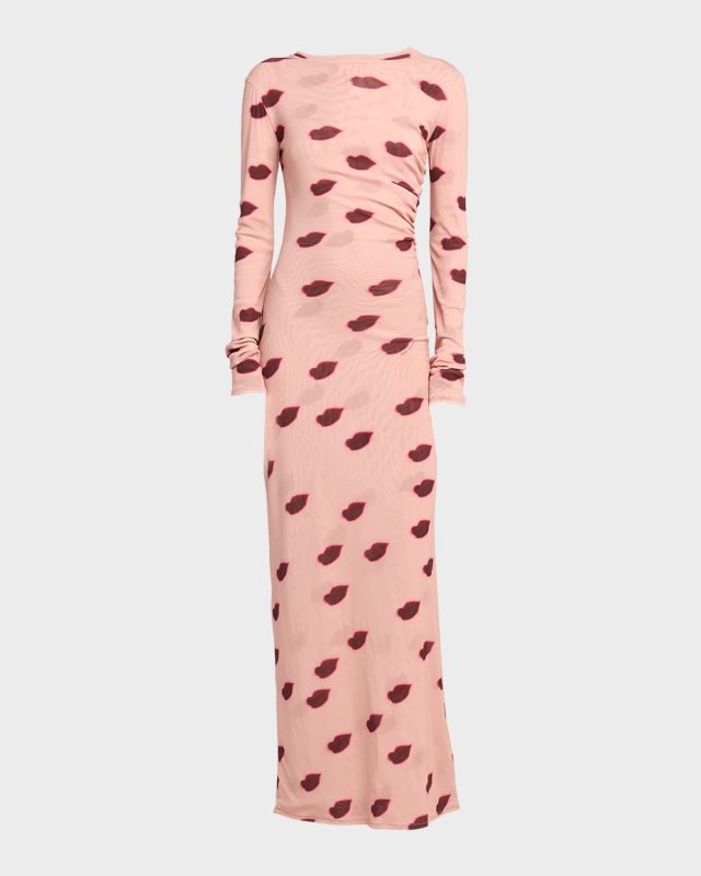 Lips Print Mesh Maxi Dress