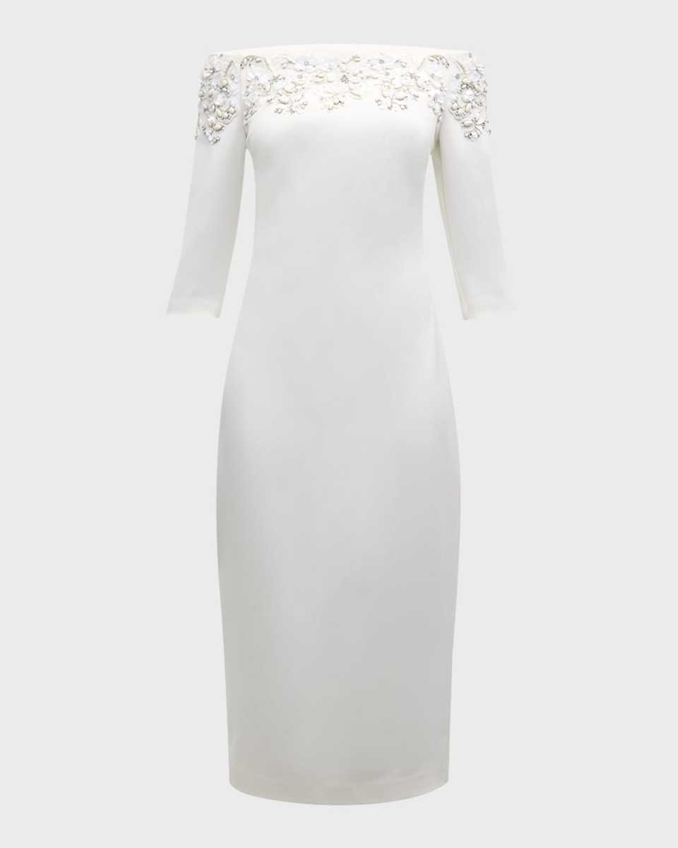 Beaded Off-Shoulder Midi Sheath Dress