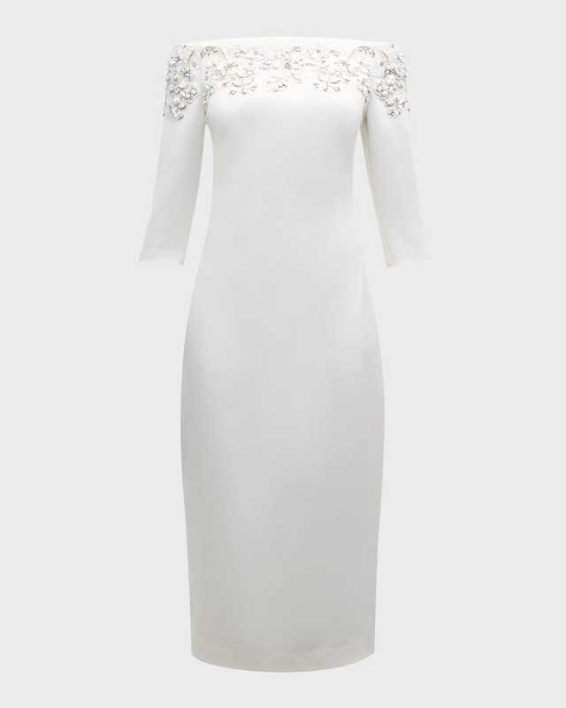 Beaded Off-Shoulder Midi Sheath Dress