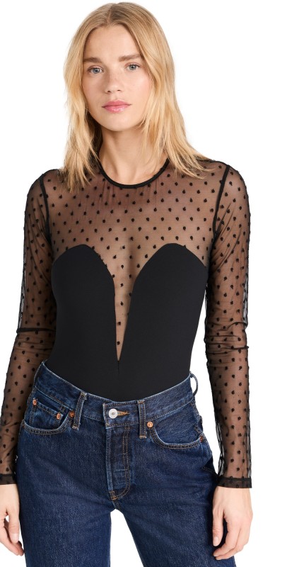 Fleur du Mal Dotty and Jersey Plunge Thong Bodysuit Black