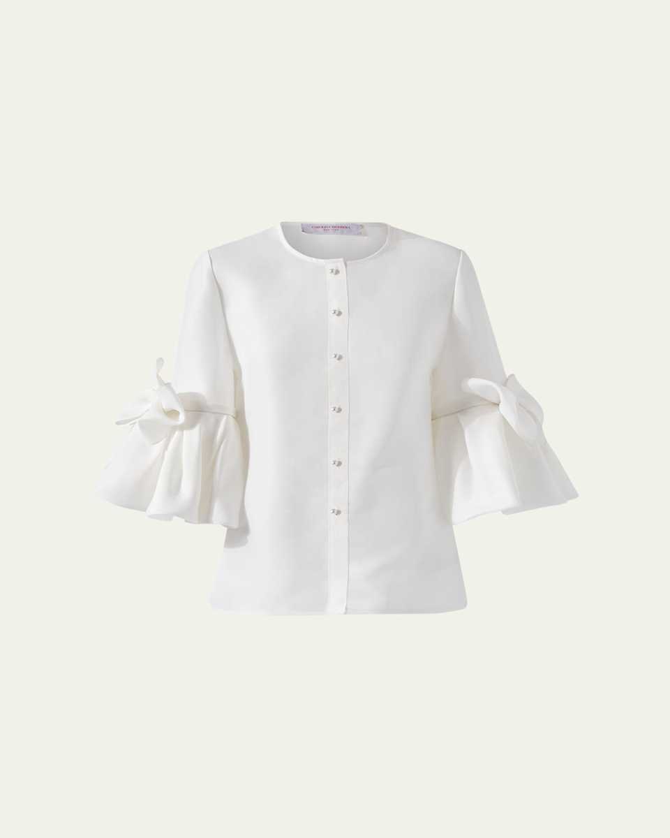 Pearly Button Bow Ruffle-Sleeve Silk Top