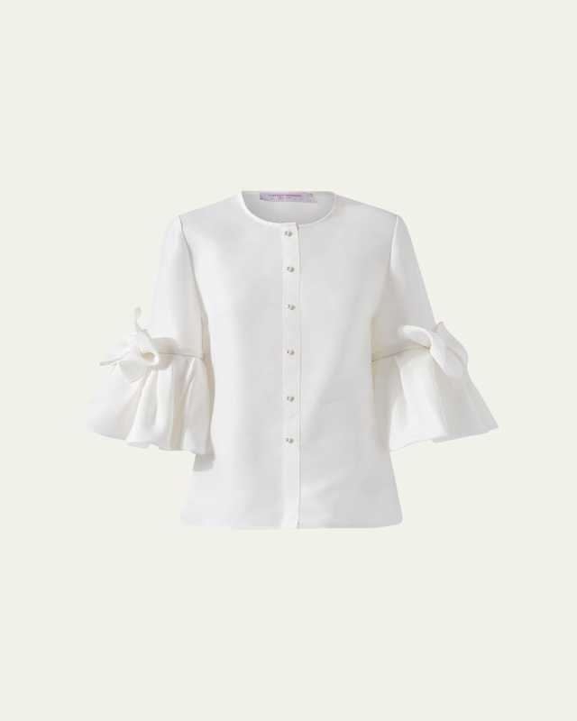 Pearly Button Bow Ruffle-Sleeve Silk Top