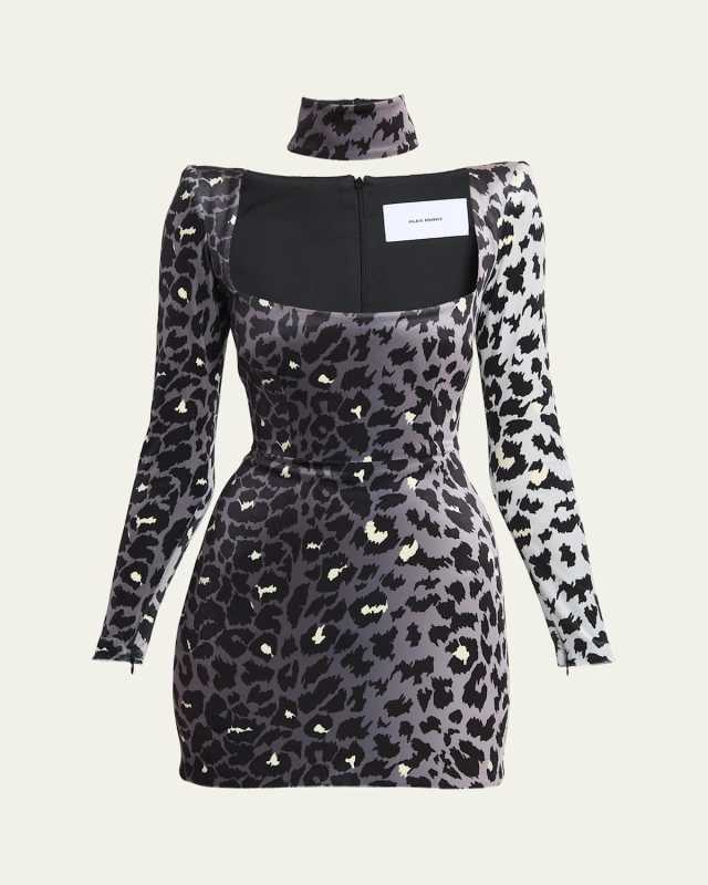 Printed Velvet Mini Dress with Neck Cuff