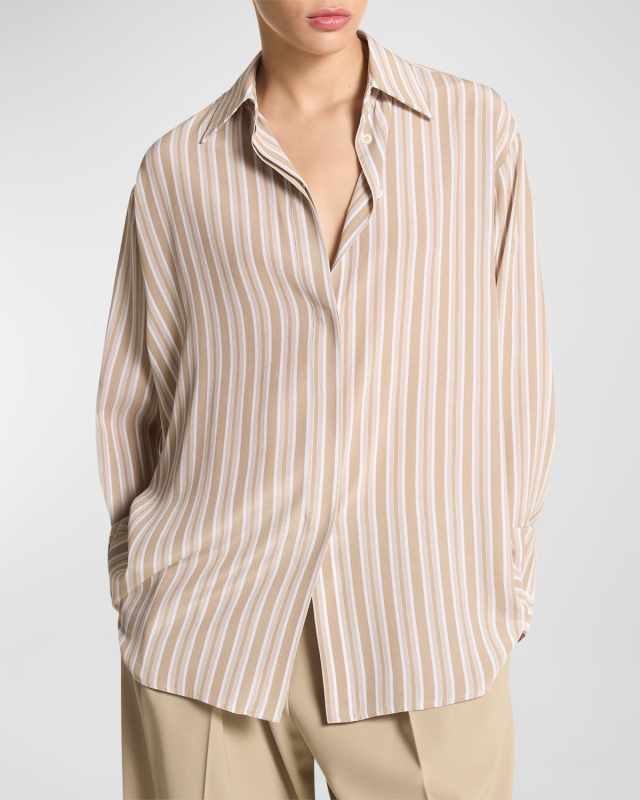 Striped Crepe De Chine Boyfriend Button-Down Shirt