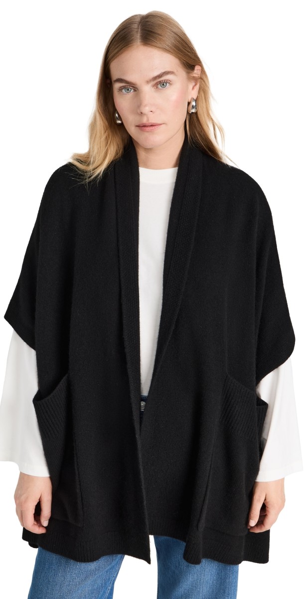 White + Warren Cashmere Blend Open Poncho Black