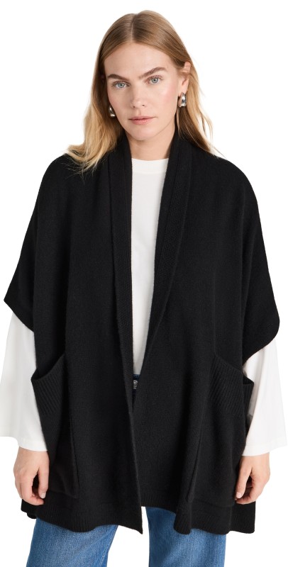 White + Warren Cashmere Blend Open Poncho Black
