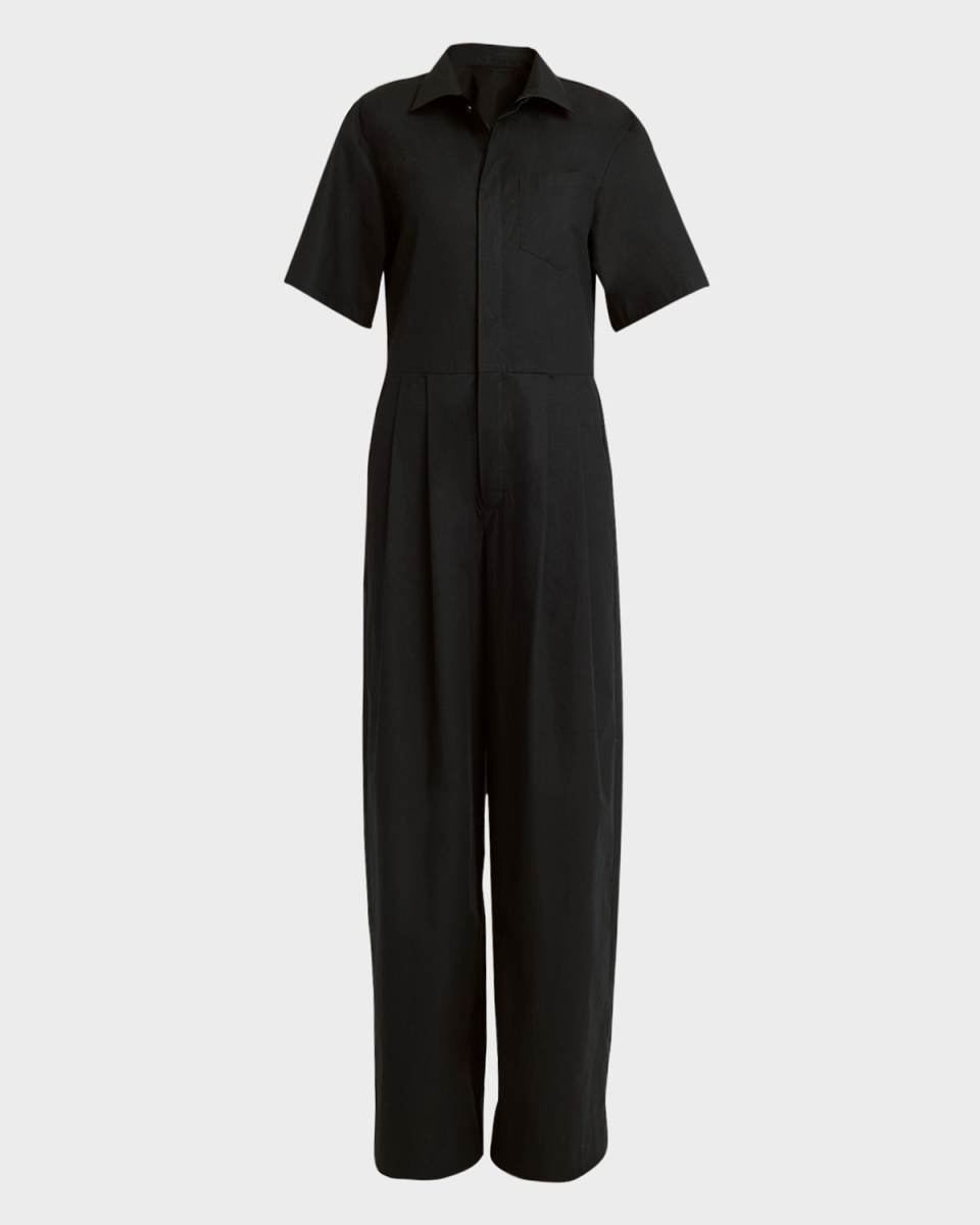 Roman Short-Sleeve Double-Pleated Wide-Leg Jumpsuit