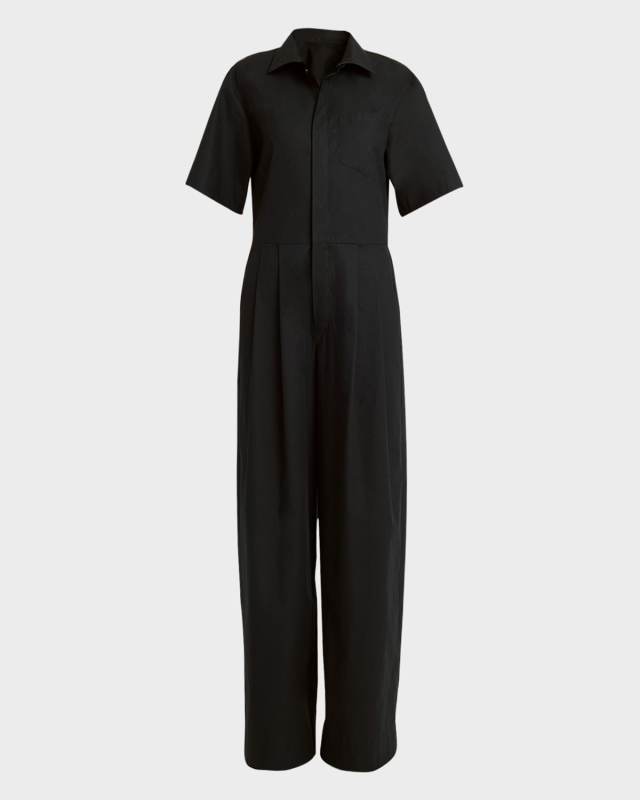 Roman Short-Sleeve Double-Pleated Wide-Leg Jumpsuit