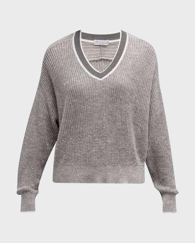 V-Neck Linen Paillette Knit Varsity Sweat