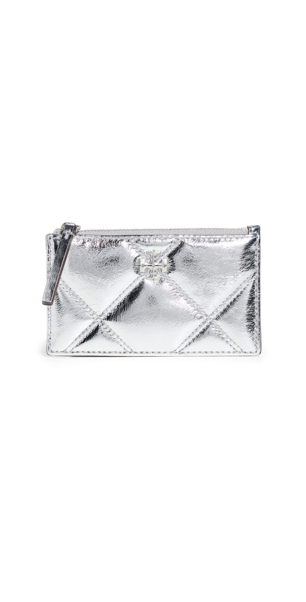 Tory Burch Kira Metallic Diamond Quilt Zip Card Case Silver