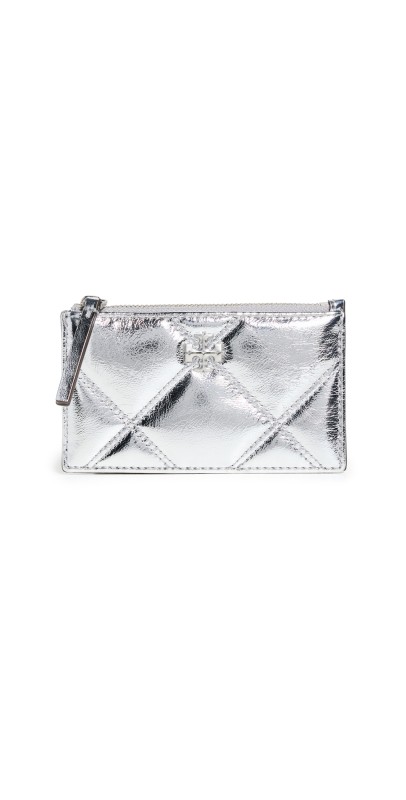 Tory Burch Kira Metallic Diamond Quilt Zip Card Case Silver