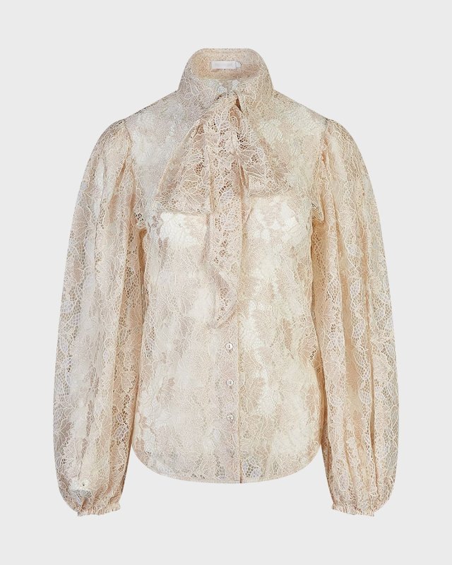 Helene Blouson-Sleeve Floral Lace Shirt